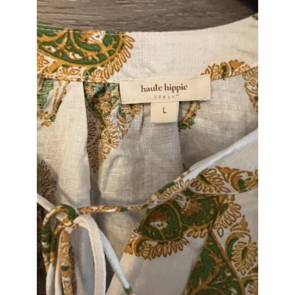 Haute Hippie Women Boho Linen Blouse top Sz L Paisley print Gold Beige Tie Neck - Picture 2 of 9